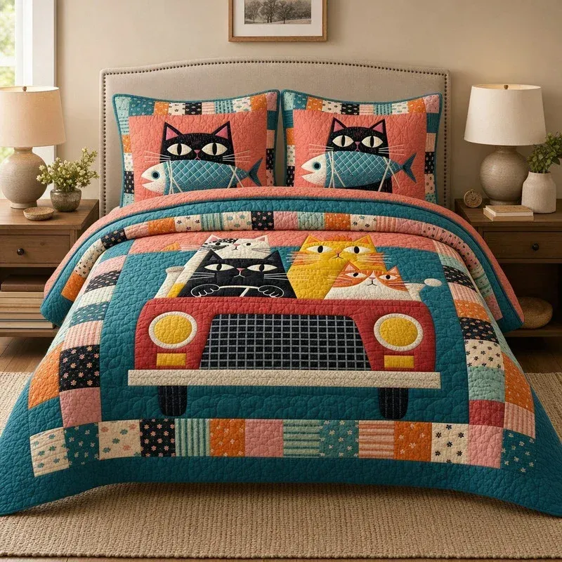Cat Cruise Classic Bamboo Quilt Bedding Set