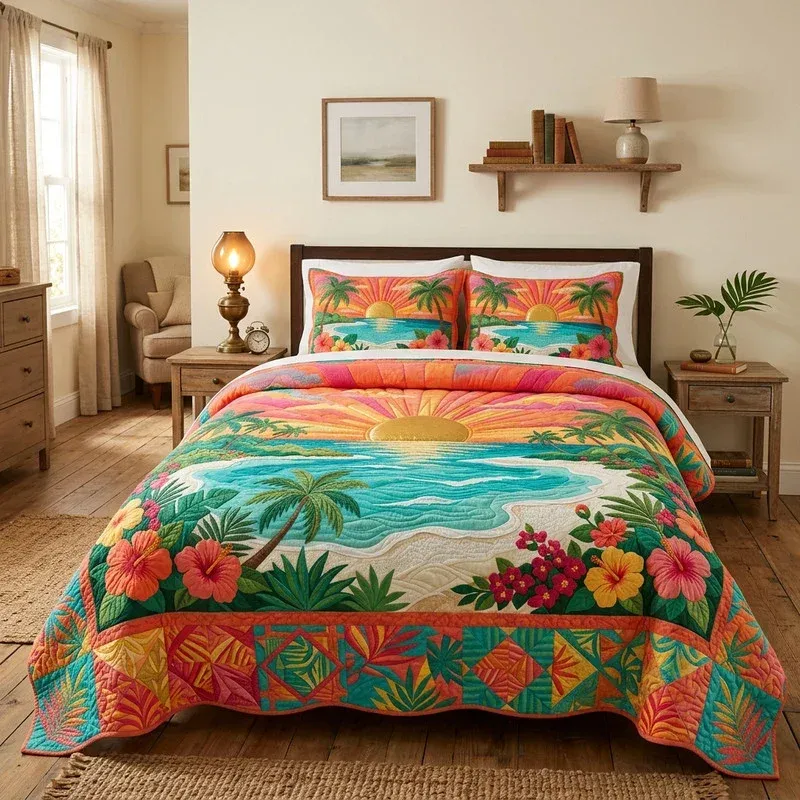 Coral Dusk Island Bamboo Quilt Bedding Set