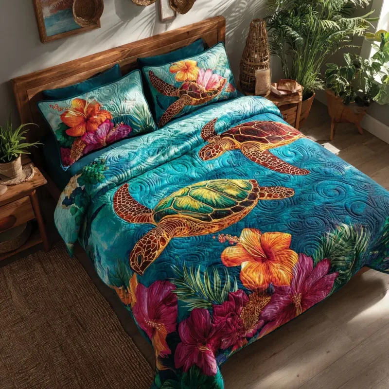 Coral Turtle Bamboo Quilt Bedding Set