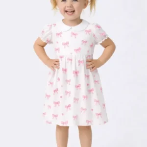 Sweet Pink Bow Cute Bamboo Peter Pan Collar Dress