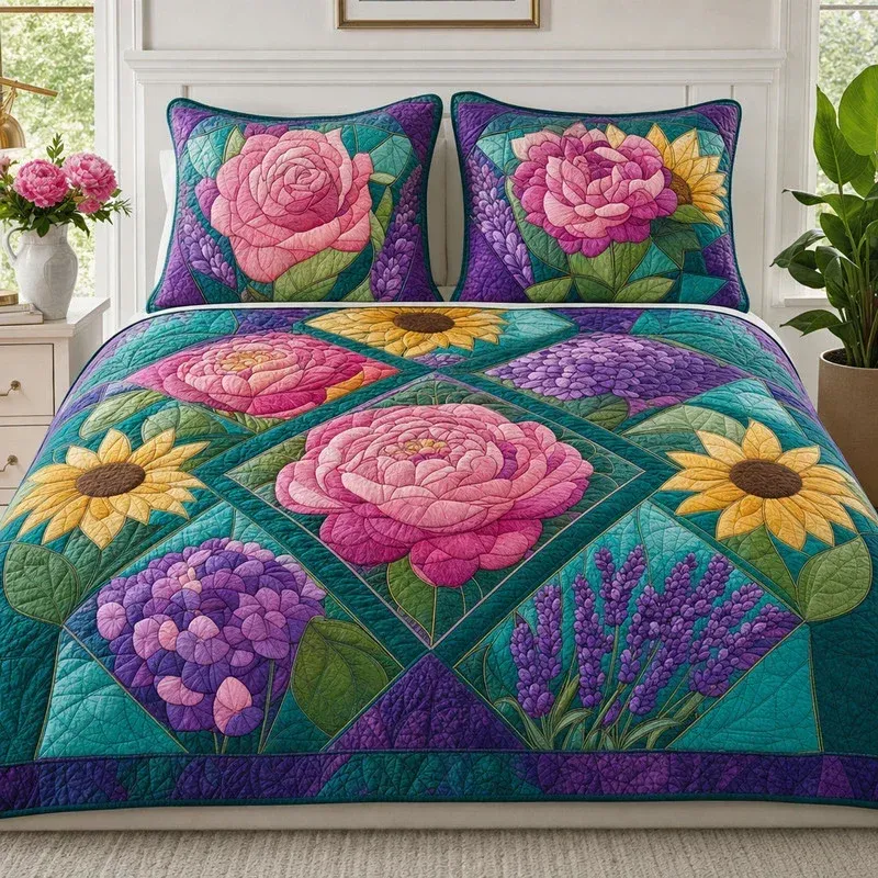 Diamond Floral Bamboo Quilt Bedding Set