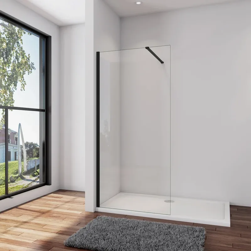 Duschwand Duschabtrennung 160 x H.200 cm 8mm NANO Glas Stabistange 140 cm Schwarz Duschhaus