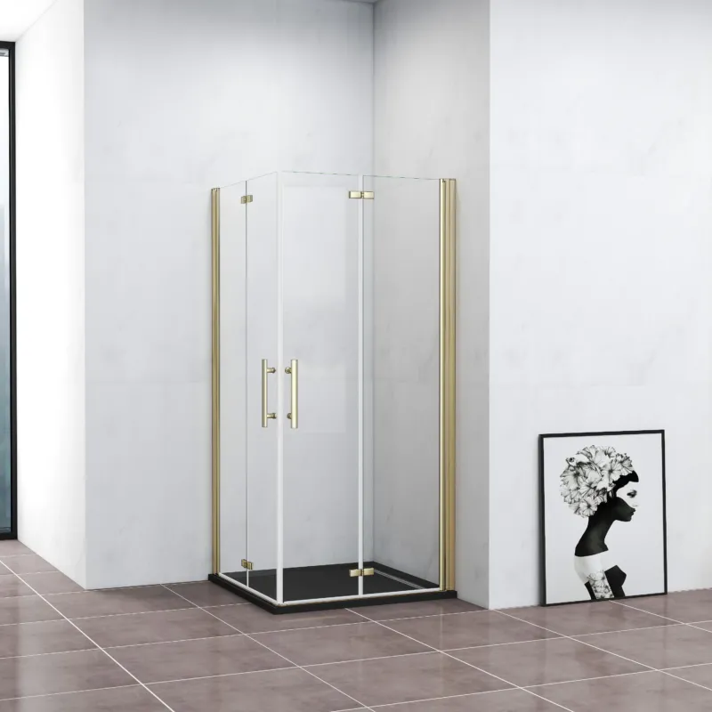 Duschkabine Eckeinstieg Dusche 95x95 cm Duschabtrennung Goldfarben Falttür NANO Glas 195cm