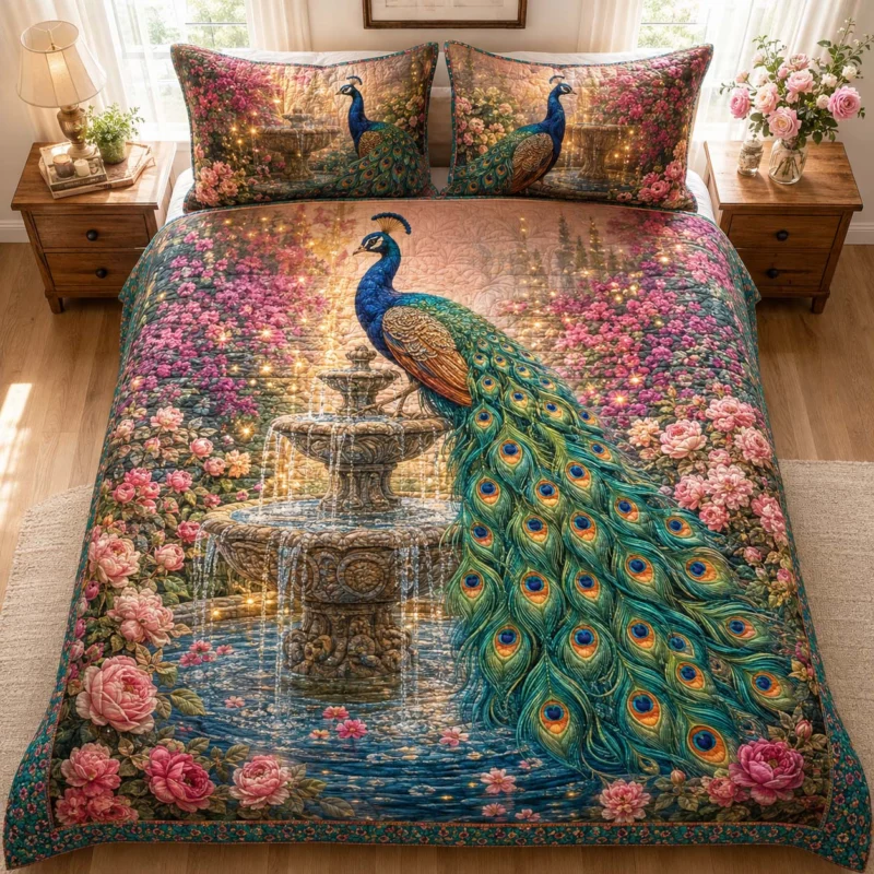 Enchanted Peacock Fountain Garden Bamboo Quilt Bedding Set