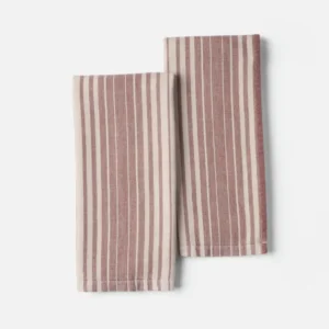 Coyuchi Sycamore cotton linen hand towel pair in dusty rose and ivory stripes.