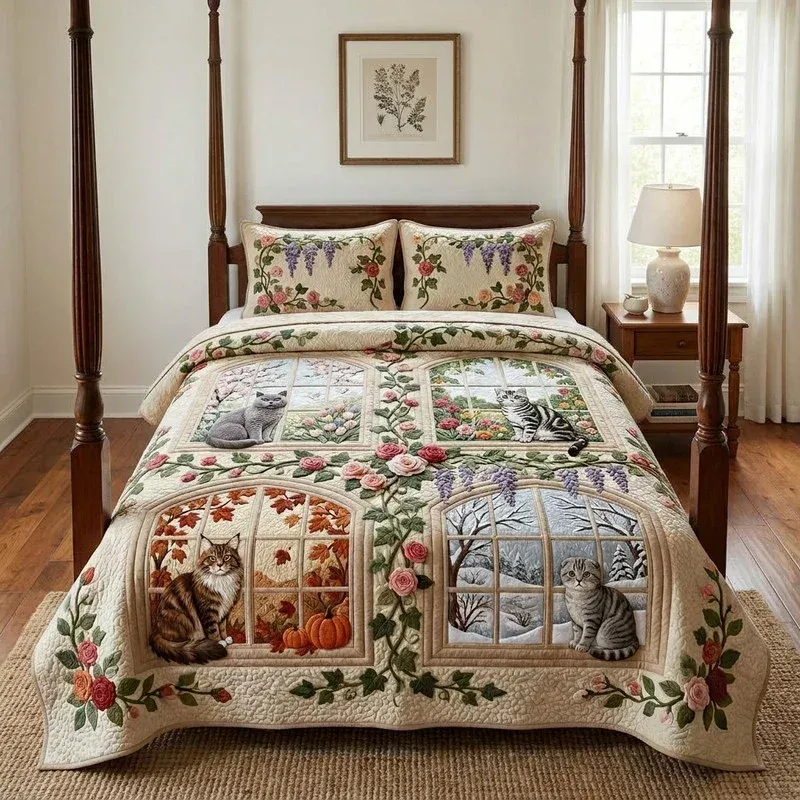 Four Seasons Cat Bamboo Quilt Bedding Set