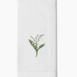 Henry Handwork white linen hand towel with lily of the valley botanical embroidery.