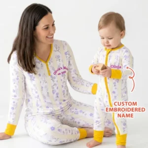 Custom Embroidered First Mother's Day Mommy And Me Bamboo Women Pajama Set