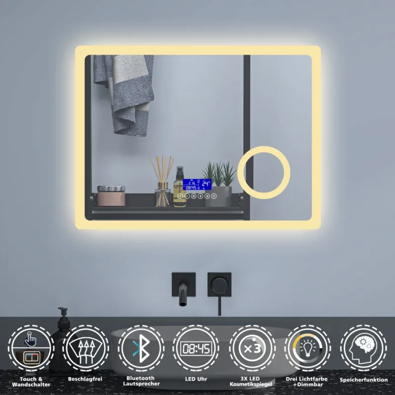 Badspiegel 80x60 cm Uhr+Beschlagfrei+3xSchminkspiegel+Kalt/Neutral/Warmweiß+Bluetooth