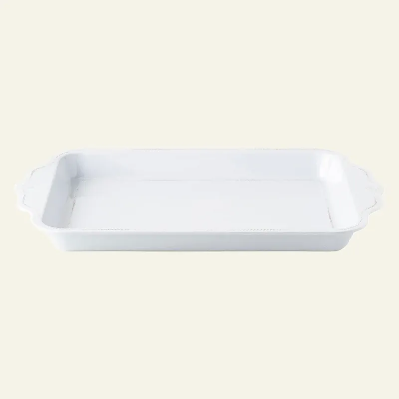 Juliska Berry & Thread white melamine handled rectangular tray on cream background.