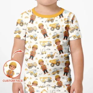 Custom Photo Little Builder Bamboo Two Piece Short Sleeve Shorts Pajama Set