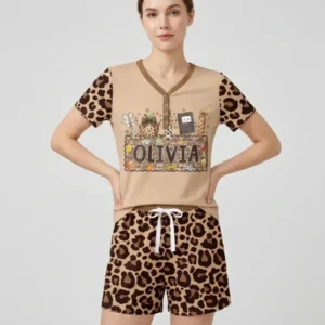 Custom Name School Sweetheart Leopard Bamboo Women Short Sleeve Short Pajama Set