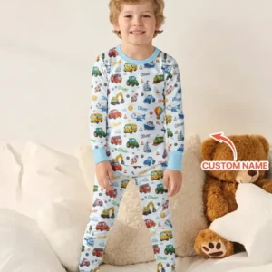 Custom Name Cute Transport Bamboo Two Piece Long Sleeve Pajama Set