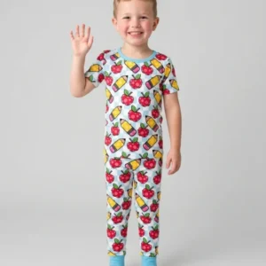 Checkered Apple Scribbles Bamboo Two Piece Short Sleeve Pajama Set