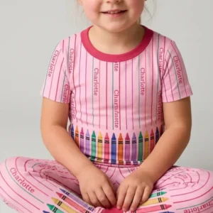 Custom Name Crayon Lines Bamboo Two Piece Short Sleeve Pajama Set