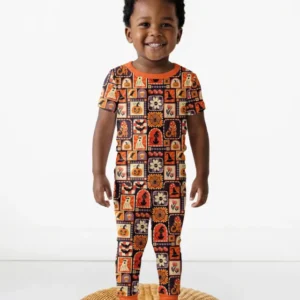 Retro Halloween Patchwork Icons Bamboo Two Piece Short Sleeve Pajama Set