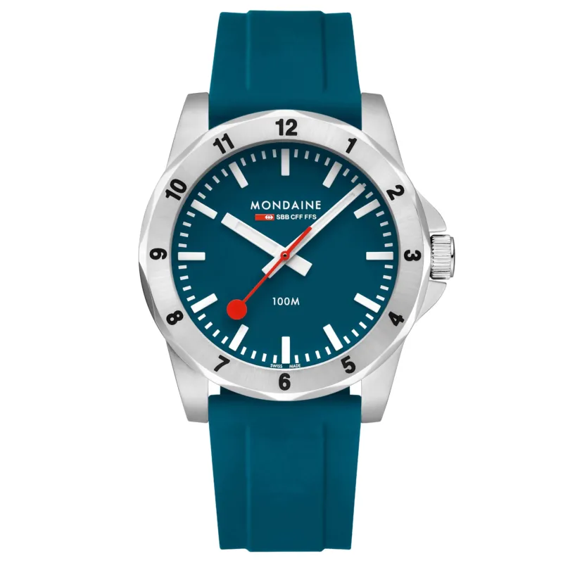 Herrenuhr mit blauem Silikonband, dunkelblauem Zifferblatt und silbernem Gehäuse.