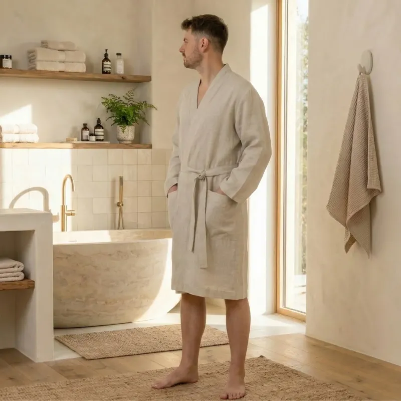 Man wearing natural linen bathrobe standing in a bright spa-style bathroom, lightweight breathable men’s linen robe with pockets and belt for morning routine, home comfort, and luxury linen loungewear.