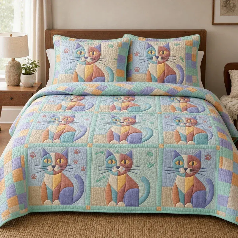 Minty Meow Bamboo Quilt Bedding Set