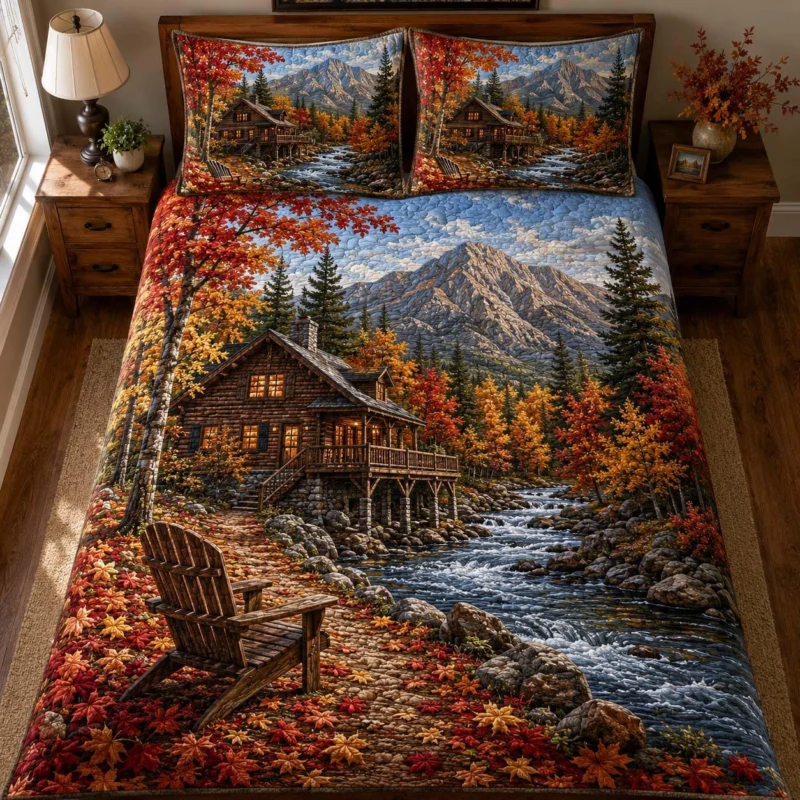 Mountain Log Cabin Bamboo Quilt Bedding Set