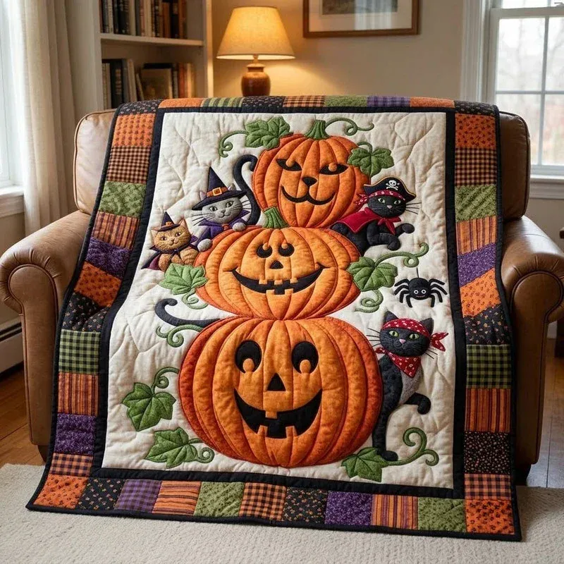 Mystic Cat Pumpkin Bamboo Quilt Blanket