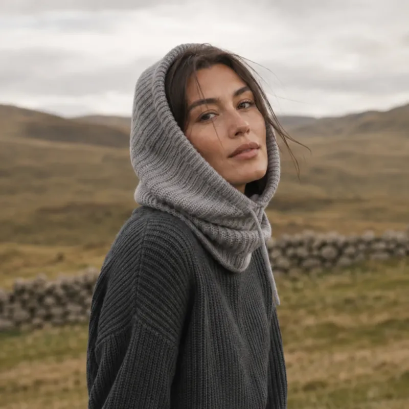 A close-up portrait of a woman outdoors in a rural landscape, wearing a light grey ribbed knit balaclava that frames her face and covers her neck, paired with a dark grey ribbed sweater. She is looking calmly toward the camera against a background of rolling grassy hills, a low stone wall, and an overcast sky.
