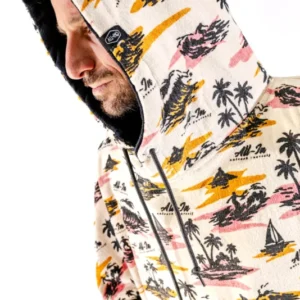 Poncho ALL-IN Surf Is Free, détail imprimé capuche, motifs palmiers et surfeurs, éponge coton