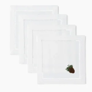 Henry Handwork white linen cocktail napkins with hemstitch border and pinecone embroidery, set of 4.