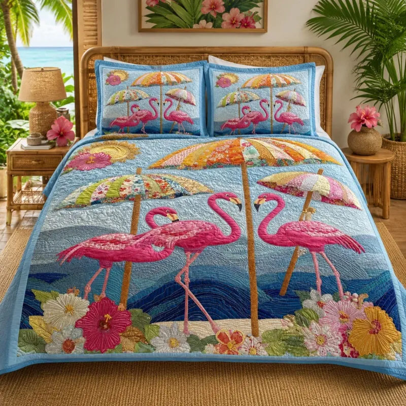 Pink Flamingo Bamboo Quilt Bedding Set