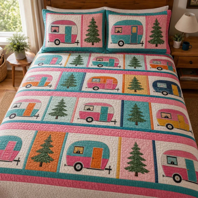 Retro Camper Patchwork Bamboo Quilt Bedding Set