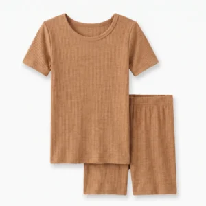 Caramel Ribbed Bamboo Two Piece Short Sleeve Shorts Pajama Set