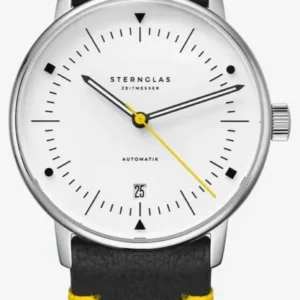 Sternglas Naos Armbanduhr mit weißem Zifferblatt, schwarzem Lederband und gelben Akzenten