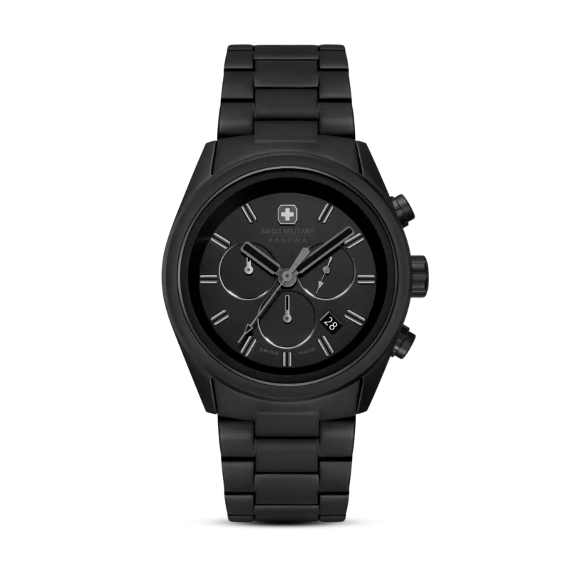 Herren-Chronograph Armbanduhr mit schwarzem Zifferblatt und schwarzem Metallarmband