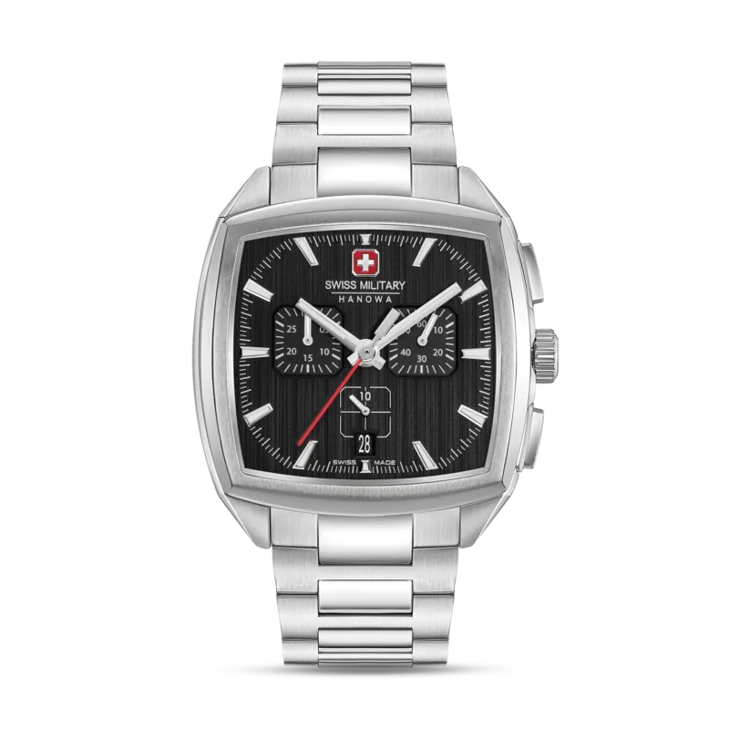 Herren-Chronograph mit Saphirglas, silberfarbenem Gehäuse und schwarzem Zifferblatt