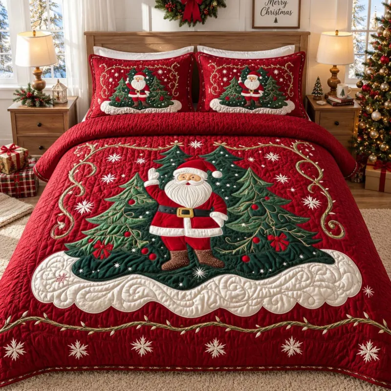 Santa Christmas Tree Celebration Bamboo Quilt Bedding Set