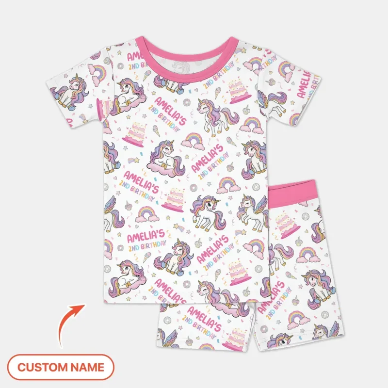 Custom Name Little Unicorn's Birthday Bamboo Two Piece Short Sleeve Shorts Pajama Set