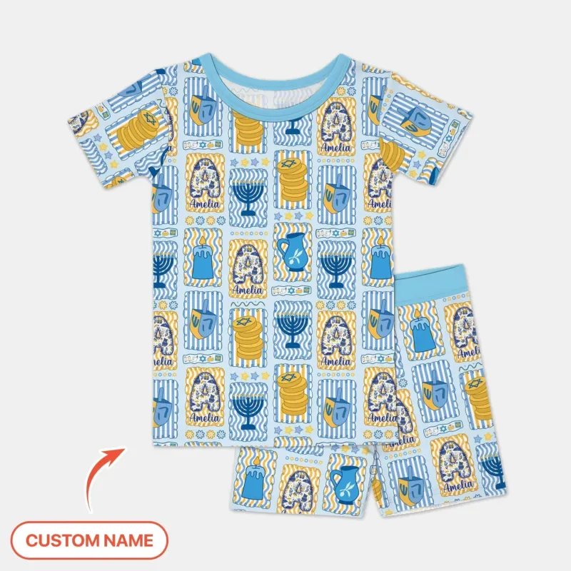 Custom Name Hanukkah Wonderland Bamboo Two Piece Short Sleeve Shorts Pajama Set