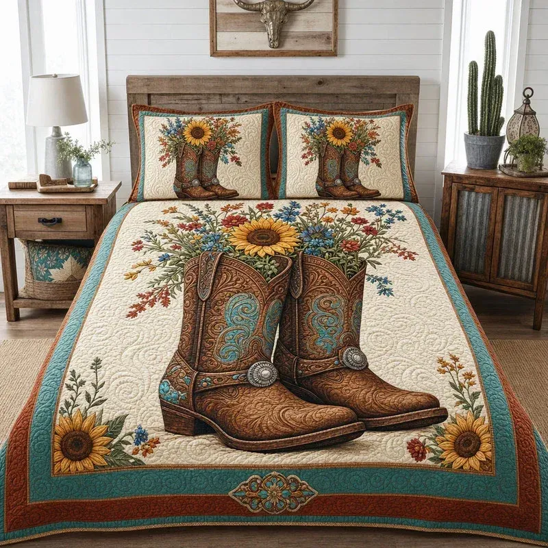 Sunflower Cowboy Boot Bamboo Quilt Bedding Set