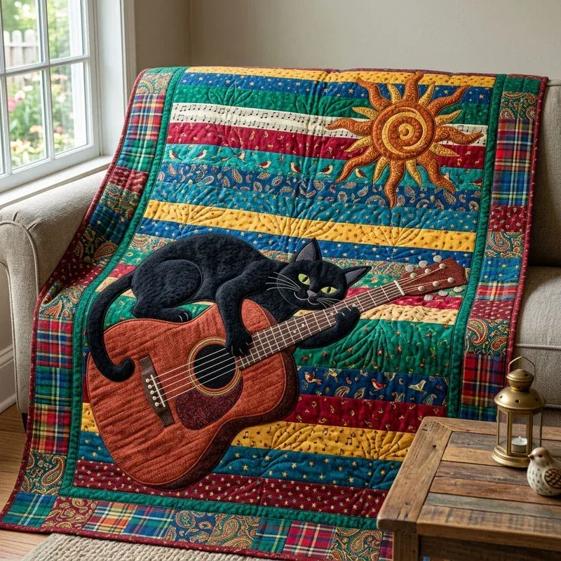 Sunny Guitar Cat Bamboo Quilt Blanket