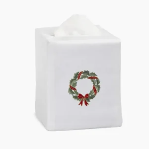 Henry Handwork white linen tissue box cover with embroidered holly wreath and red ribbon bow.
