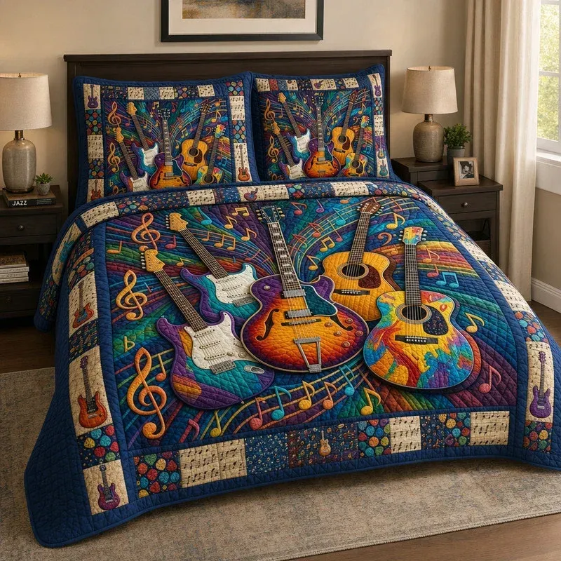 Trio Guitar Pop Bamboo Quilt Bedding Set
