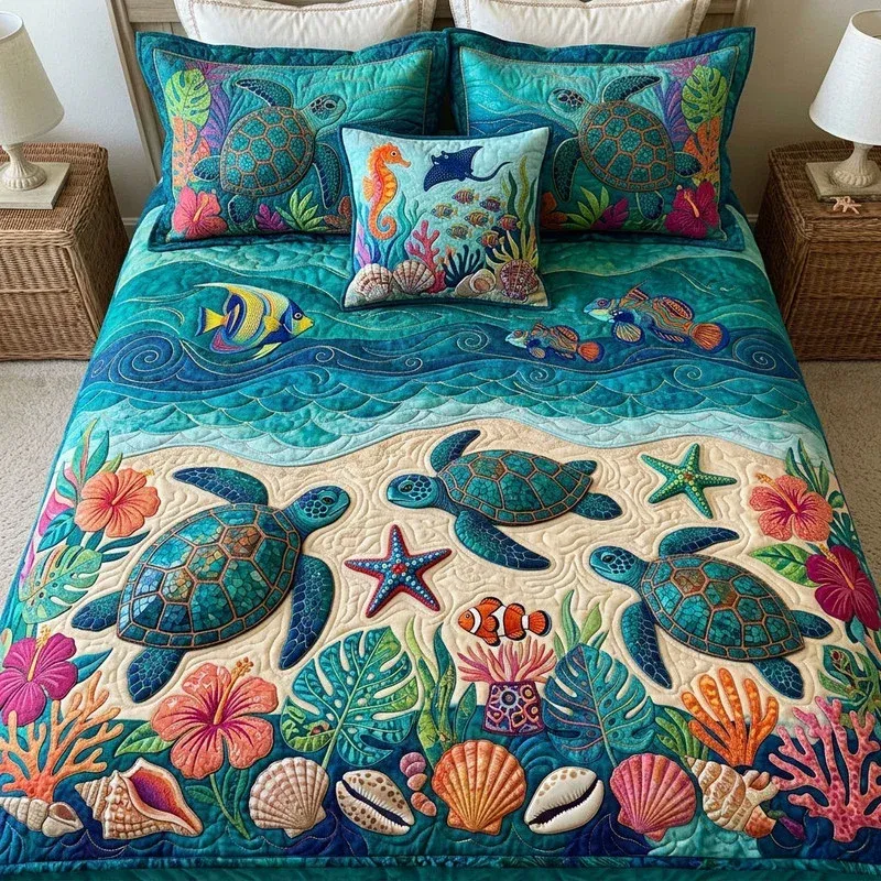 Tropical Shell Border Bamboo Quilt Bedding Set