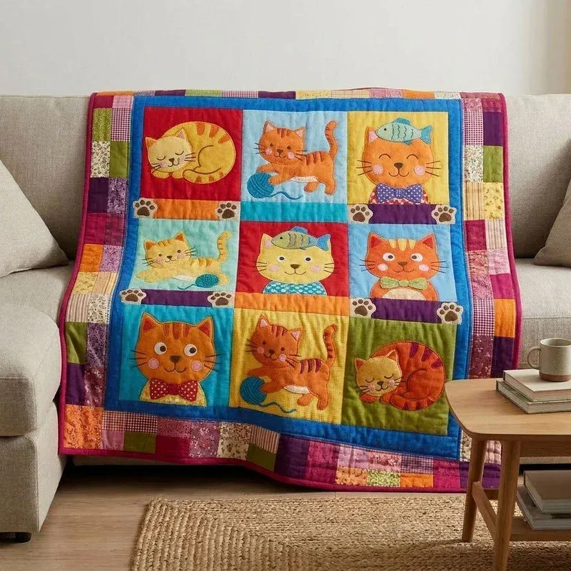 Vibrant Tabby Cats Bamboo Quilt Blanket