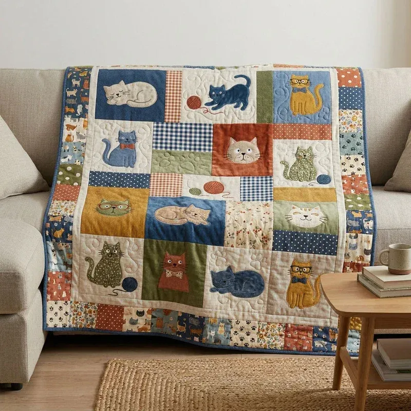 Vintage Scrapbook Cats Bamboo Quilt Blanket