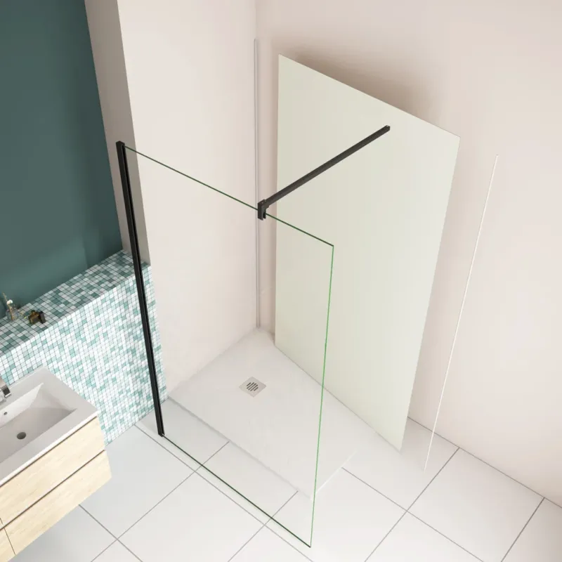Freistehende Duschwand 30 x H.200cm 10mm NANO Glas mit B.120 x H.210cm Alu-verbundplatte Mattweiß Bad