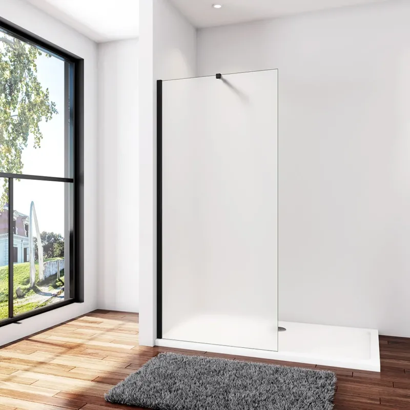 Duschkabine Duschwand 80 x H.200 cm 10mm Glas mit Glasschutzfolie Schwarz Stabistange 73-120 cm Duschhaus