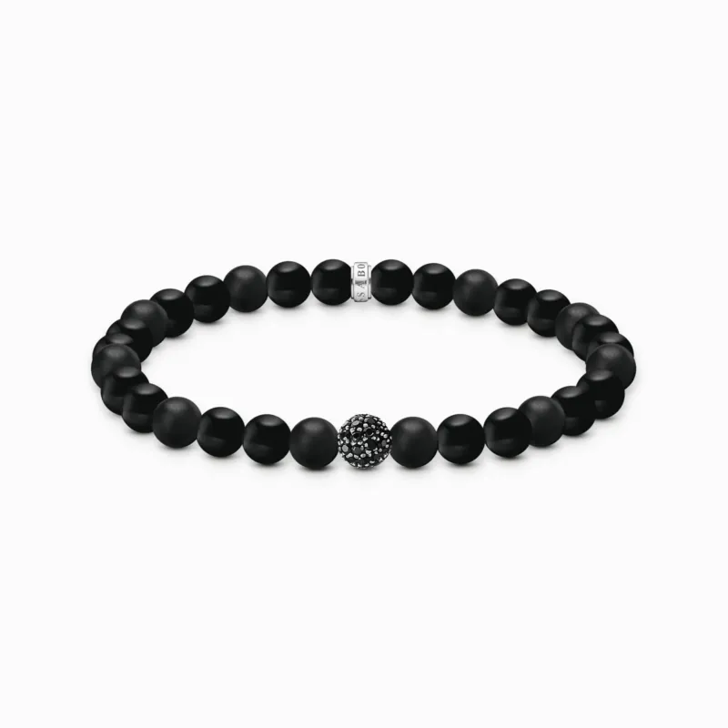 Beads-Armband aus schwarzen Obsidian-Perlen mit Zirkonia-Akzent