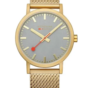 Herrenarmbanduhr: goldenes Maschenband, graues Zifferblatt, rote Sekundenmarke