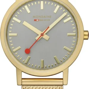Unisex-Uhr mit goldfarbenem Milanaiseband und rundem graublauem Zifferblatt, roter Sekundenzeiger