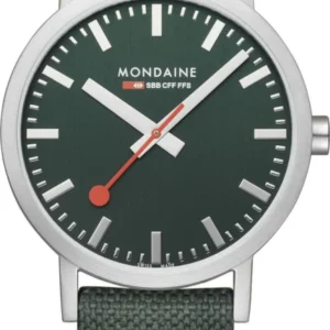 Uhr mit grünem Textilarmband, dunkelgrünem Zifferblatt und silbernem Gehäuse